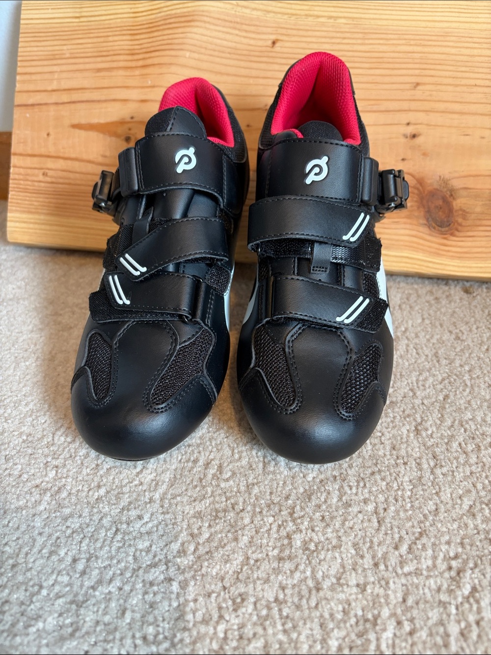Peloton Black Cycling Shoes with Red Lining and White Accents